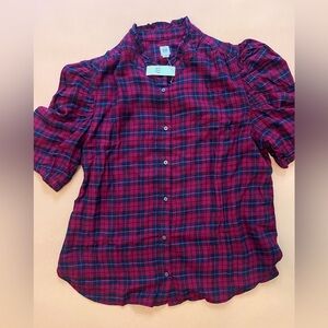 Gap flannel button up blouse with short puff sleeves - size L